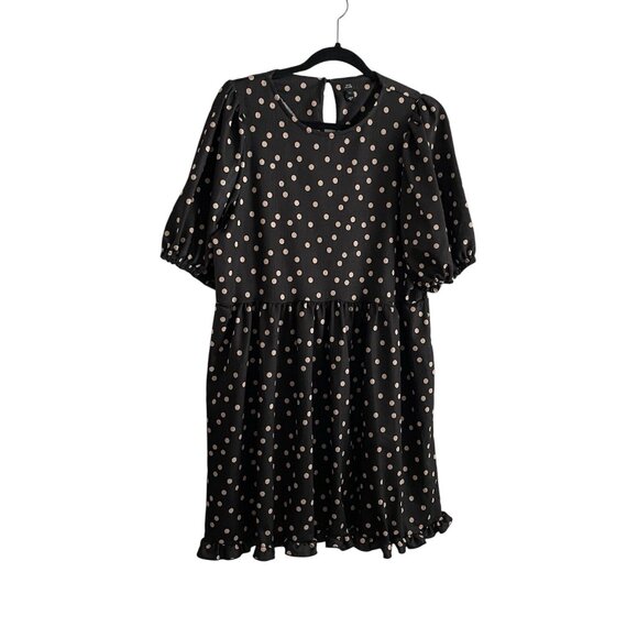 River Island Women 12 Black Crew Neck Puff Sleeve Spotted Frill Smock Mini Dress - Picture 5 of 15